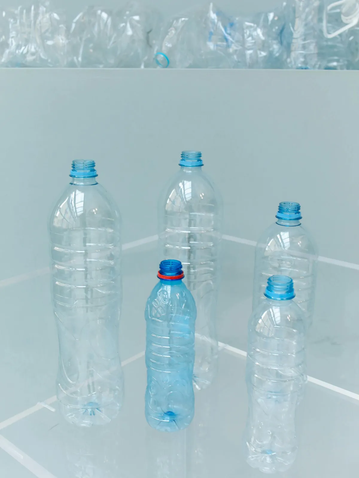 Arrangement of various empty plastic bottles highlighting recycling and zero waste.