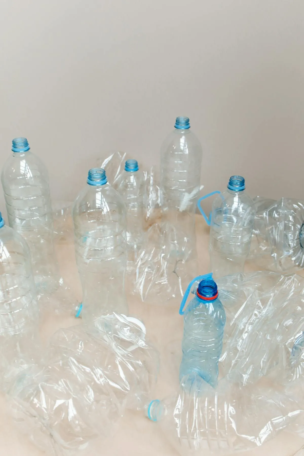 Empty plastic bottles arranged on a table, ready for recycling, highlighting environmental awareness.
